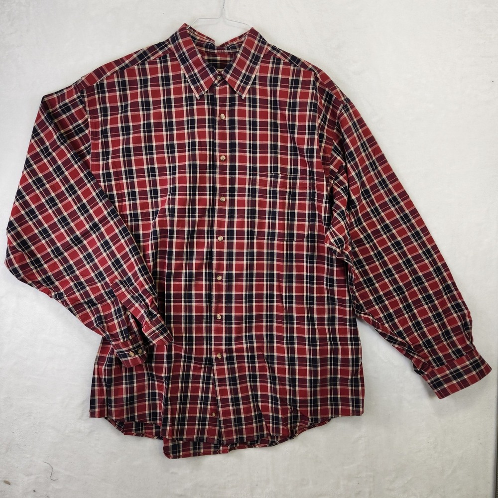 Eddie Bauer Mens Plaid Long Sleeve Button Down Shirt Red Navy XXL Tall